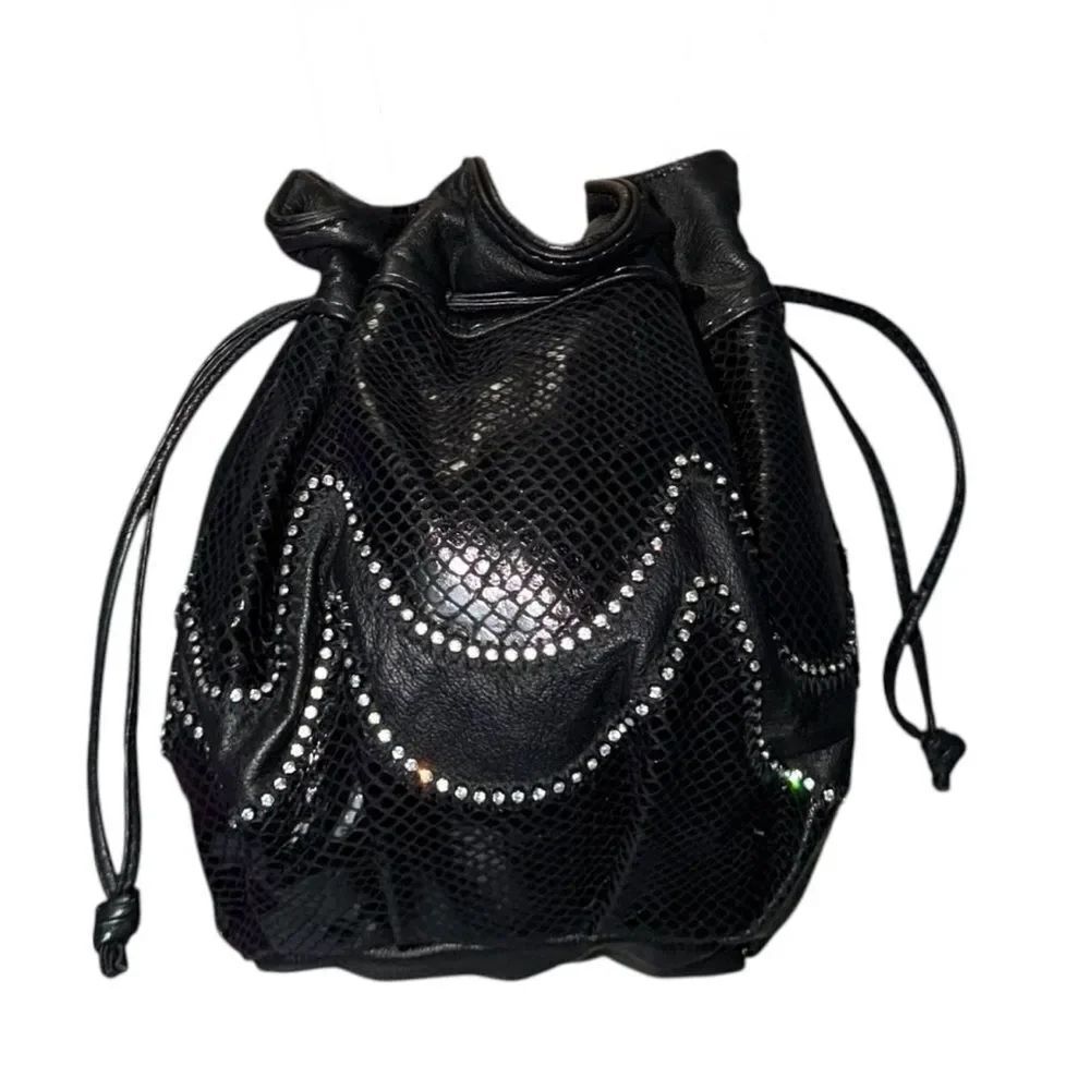 Vintage Black Leather Drawstring Bucket Bag With Rhinestones 1980’s